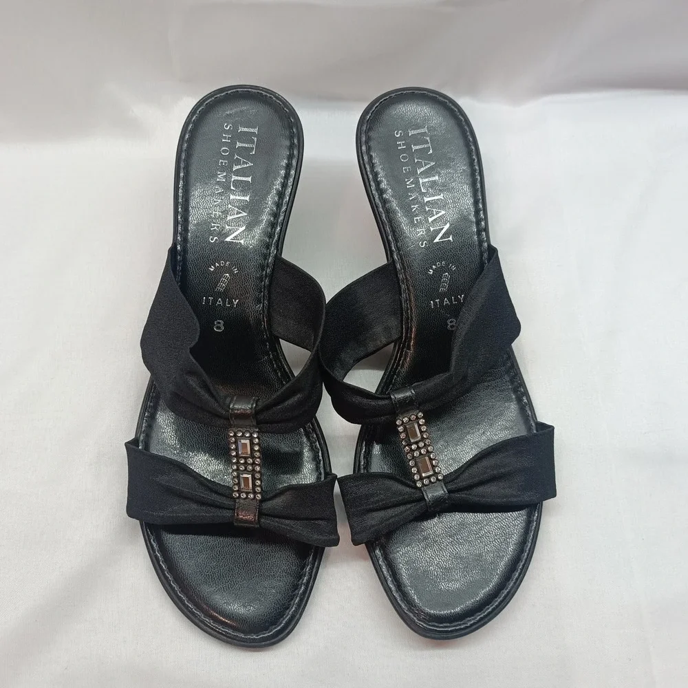 Italian Shoemakers Womens Black Rhinestone Wedge Sandals Made in Italy Size 8